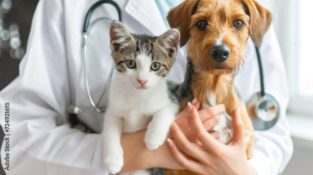 The vet holds a cute dog and a kitten in his arms. A veterinarian examines a dog and a cat. Veterinary clinic. Pet inspection and vaccination. Healthcare. The vet holds a cute dog and a kitten in his arms. A veterinarian examines a dog and a cat. Veterinary clinic. Pet inspection and vaccination. Healthcare.