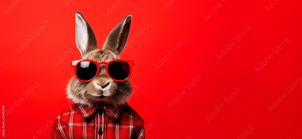 Happy Easter. Cute Easter bunny with red sunglasses and suit on the red background. Template for label, gift greeting card, promotional banner or ticket price