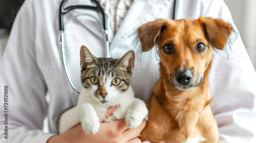 The vet holds a cute dog and a kitten in his arms. A veterinarian examines a dog and a cat. Veterinary clinic. Pet inspection and vaccination. Healthcare.