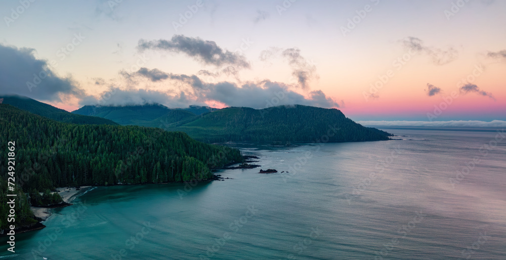 Sandy shore on Pacific Ocean West Coast. Sunrise. Vancouver Island, BC, Canada.