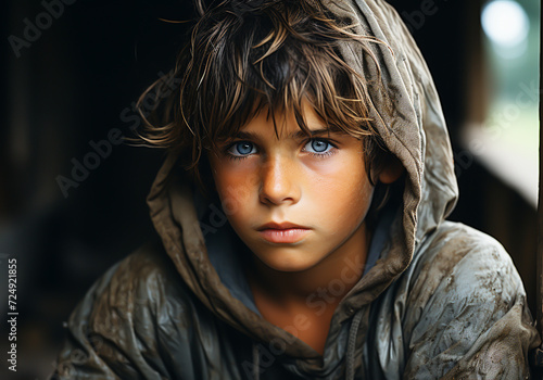 Portrait of beautiful street child, dirty, looking very serious. Survival, vulnerability and social problem.