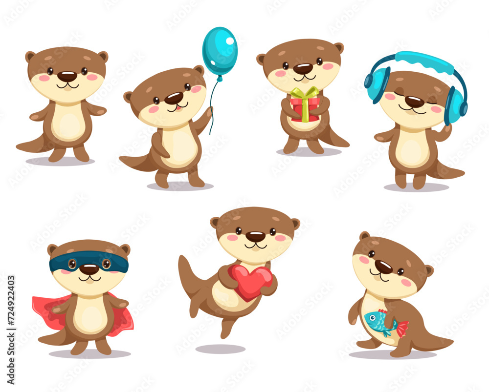 A set of cute kawaii river otters. Vector cartoon illustration. Isolated on white.