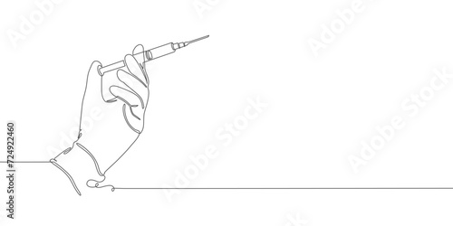 Hand holding syringe with needle. One line art. Vaccination, health care injection. Medical concept. Hand drawn vector illustration. Editable vector eps