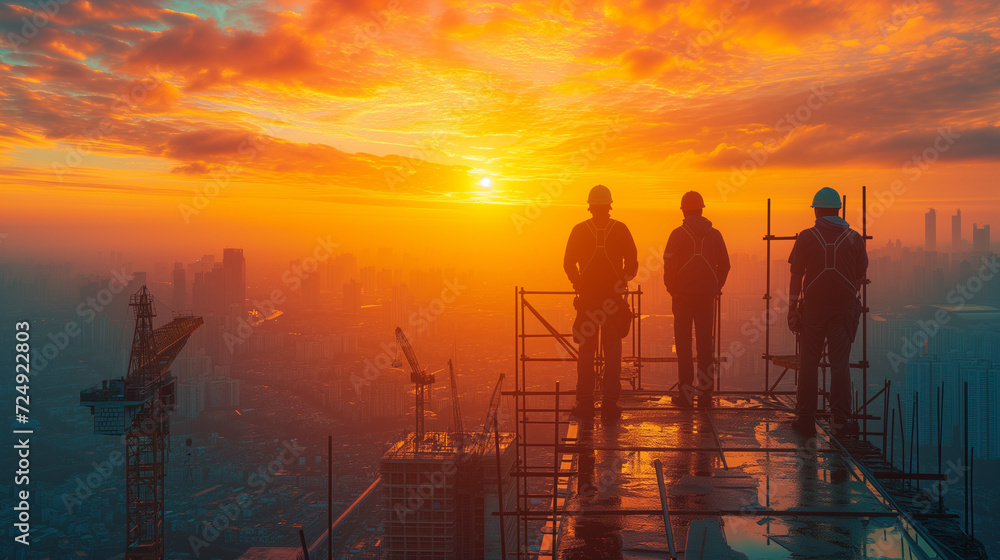 Obraz premium Silhouettes of Construction Crew at Dawn Overlooking a City Skyline Under Construction