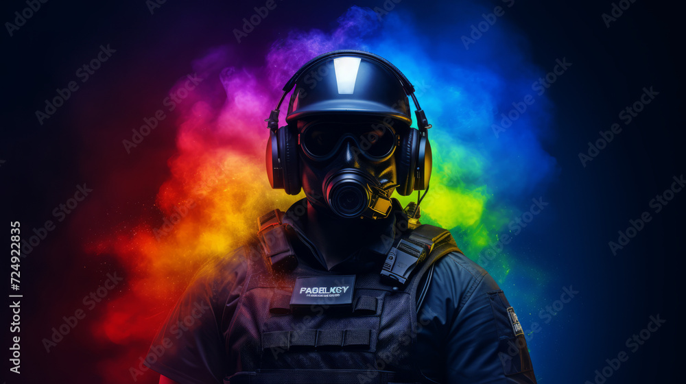 A police officer with gas mask with rainbow colors