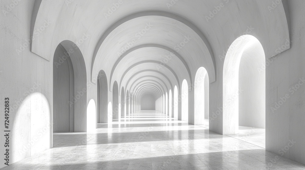 The grandeur of a monochromatic arcade is illuminated by streams of light, revealing symmetrical arches and stately columns in this majestic indoor space