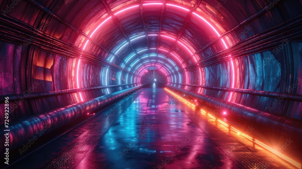 Amidst the darkness of the night, a vibrant tunnel of lights beckons like a portal to another world, leading travelers on a journey through the bustling subway beneath the city Amidst the darkness of the night, a vibrant tunnel of lights beckons like a portal to another world, leading travelers on a journey through the bustling subway beneath the city