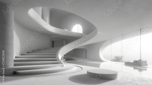Ascending the monochrome spiral, the stark white walls and intricate architecture create a captivating work of art