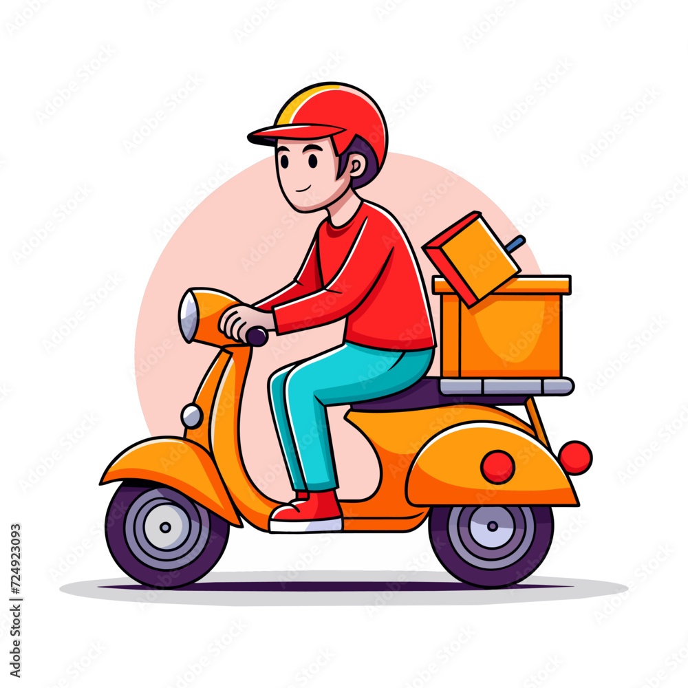 A Delivery man riding a scooter with boxes on the back, a cartoon style vector illustration A Delivery man riding a scooter with boxes on the back, a cartoon style vector illustration
