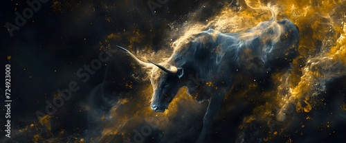 a bull is soaring skyward on a background of yellow and blue flames