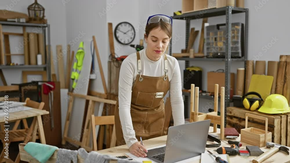 A woman and a man collaborate in a carpentry workshop using a laptop and discussing woodworking plans. A woman and a man collaborate in a carpentry workshop using a laptop and discussing woodworking plans.