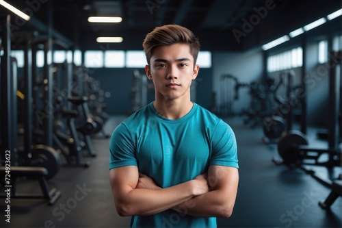 Fitness Showcase Handsome Young boy Reveals Sculpted Physique at the Gym Young men Posing at gym