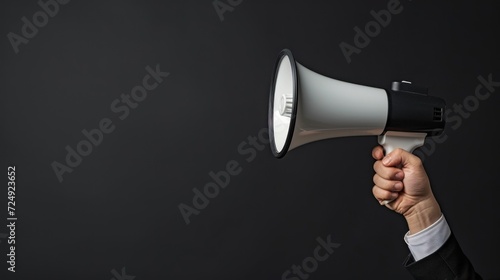 Human hand holding a megaphone loudspeaker concept on black empty background. AI generated image