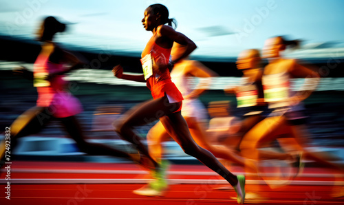 Professional runners taking part in a race in a stadium. Fast motion blur