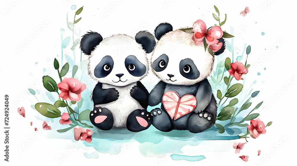 Two cute pandas with flowers. Two cute pandas with flowers.