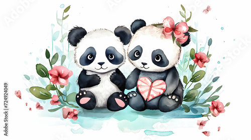Two cute pandas with flowers.