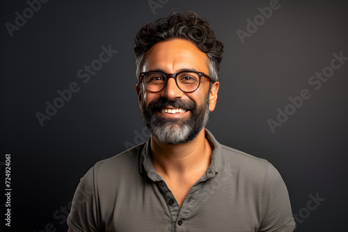 Portrait of a successful smiling bearded man in glasses on an dark background