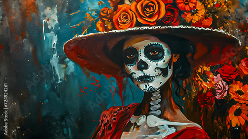 Dia de los Muertos inspired artwork featuring a skull with roses. photo