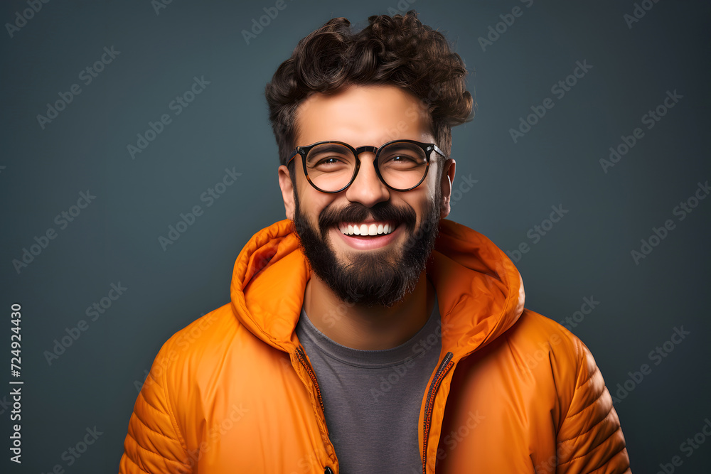 Fototapeta premium Portrait of a successful smiling bearded man in glasses on an dark background
