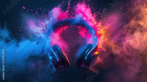 Headphone with vibrant colorful smoke dust splashes concept. AI generated image