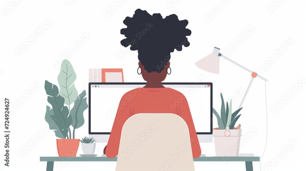 young girl sitting at the computer, web illustration with white background young girl sitting at the computer, web illustration with white background