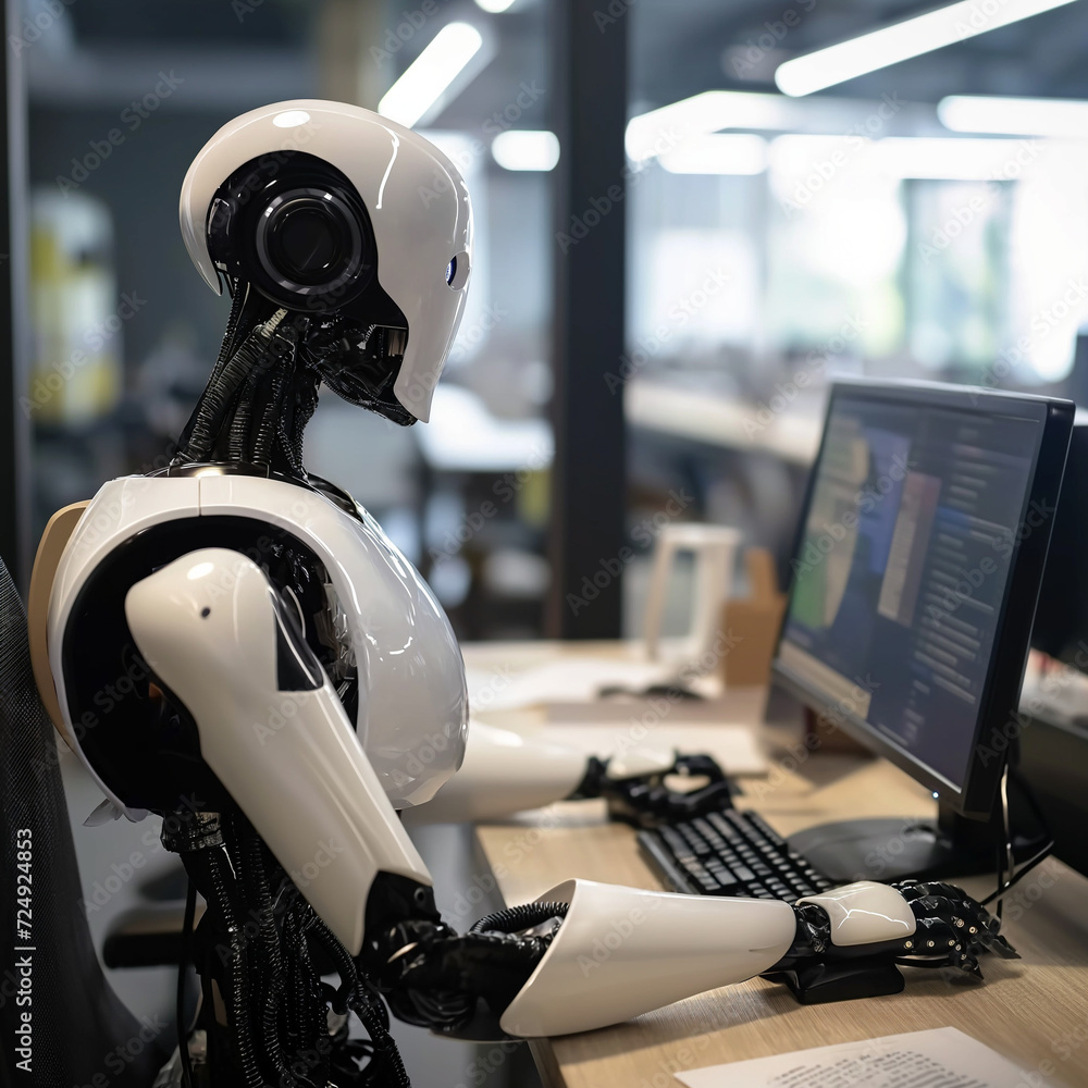 A robot with artificial intelligence works at a computer in the office A robot with artificial intelligence works at a computer in the office