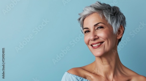 A happy older Caucasian woman with wrinkles and stylish grey hair poses for a beauty portrait in a studio with soft lighting.