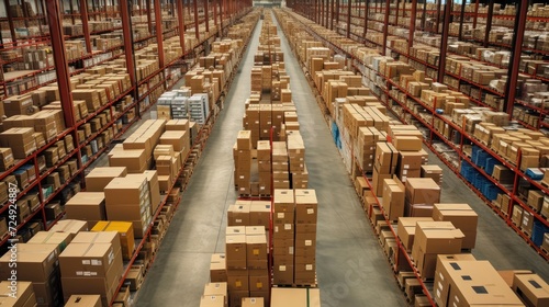 Cardboard boxes arranged in a distribution warehouse factory. AI generated image