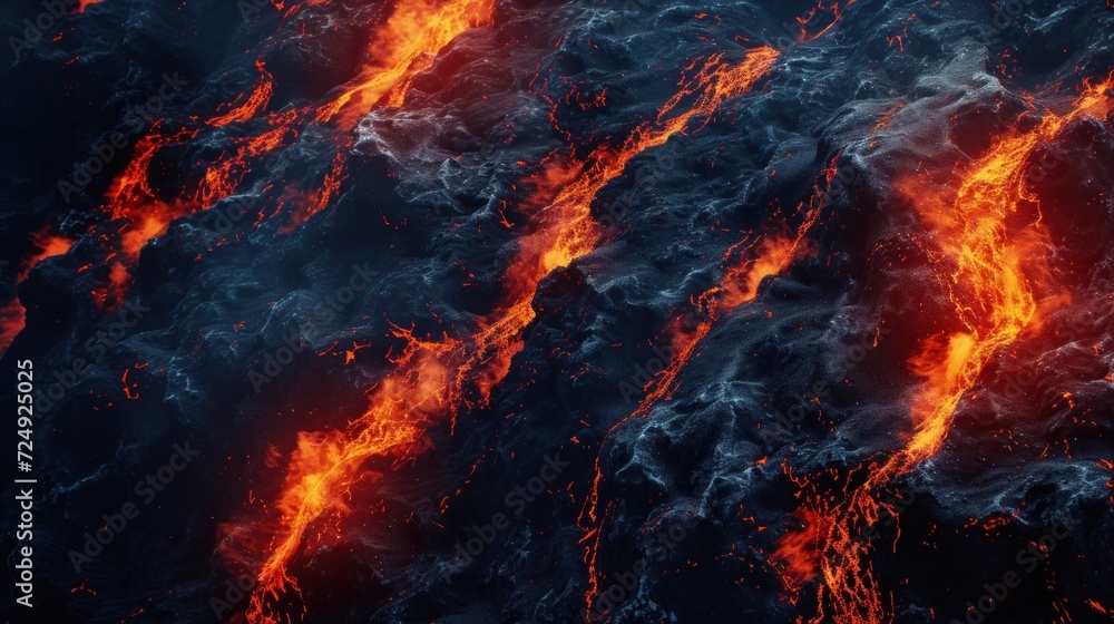 Texture concept of molten hot lava passing through rocks scene. AI generated image