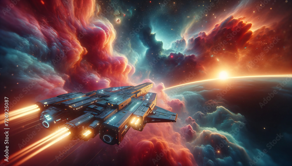 Futuristic spaceship exploring a vibrant nebula, hyper-detailed with ...