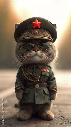 Cartoon cat dressed as a general. White background. 3d impression.