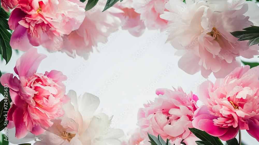 showcases a greeting card template framed by peony flowers on white background, free copy space