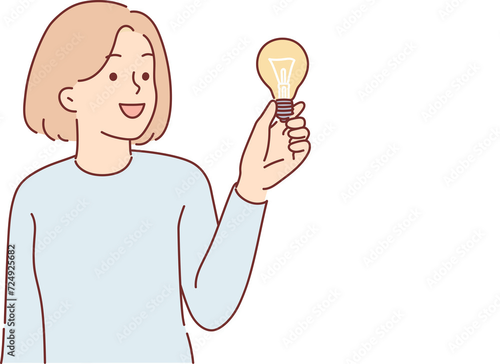 Woman who came up with solution holds light bulb in hand, symbolizing new idea to improve energy efficiency. Teen girl near word solution, for concept of brainstorming and making plan Woman who came up with solution holds light bulb in hand, symbolizing new idea to improve energy efficiency. Teen girl near word solution, for concept of brainstorming and making plan
