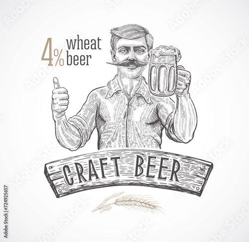 Brewer, (or a man character who drinks beer) holding a mug of beer in one hand, and with a gesture of the other hand advertising the contents of this mug.