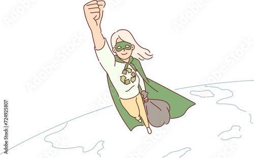 Woman environmental superhero saves planet from garbage by flying over globe to avoid nature pollution. Eco activist girl in hero cloak wants to protect people from environmental problems photo