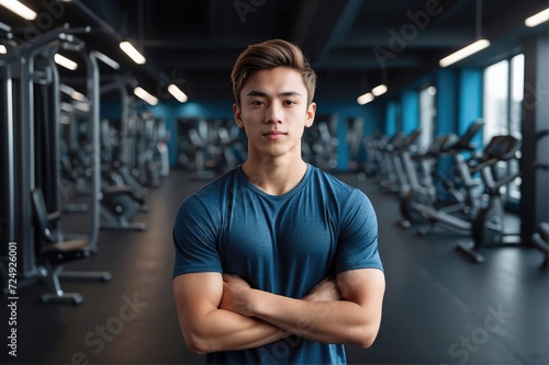 Fitness Showcase Handsome Young boy Reveals Sculpted Physique at the Gym Young men Posing at gym