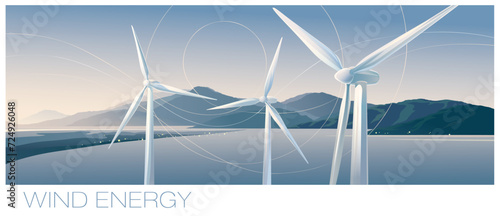 Landscape with propellers generating electricity from wind (wind turbines) in the foreground, and the sea coast in the background.