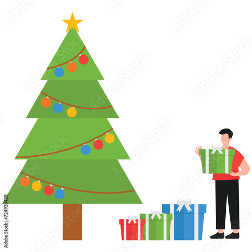 Free People celebrating christmas with Christmas tree and gifts Illustration