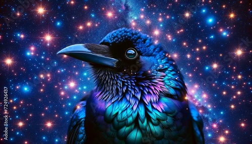 An iridescent bird takes flight into the enchanting celestial blue of a starry twilight cosmos. © Dougie C