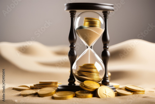 Time is money concept with coins and a sand timer. AI generated