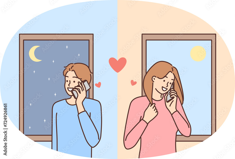 Man and woman in love are flirting on phone in different countries during business trip. Guy and girl flirt by exchanging romantic promises in telephone conversation Man and woman in love are flirting on phone in different countries during business trip. Guy and girl flirt by exchanging romantic promises in telephone conversation