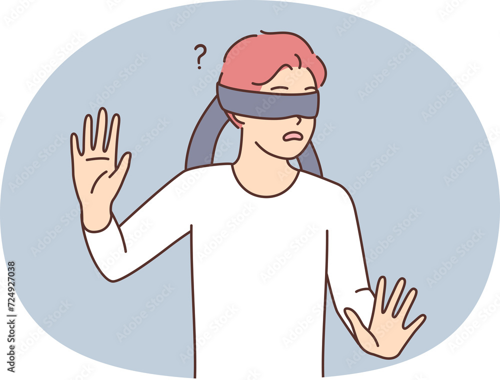Frightened casual teen boy blindfolded trying to grope road of action in blind. Frightened schoolboy is confused while playing hide-and-seek or entertaining quest Frightened casual teen boy blindfolded trying to grope road of action in blind. Frightened schoolboy is confused while playing hide-and-seek or entertaining quest