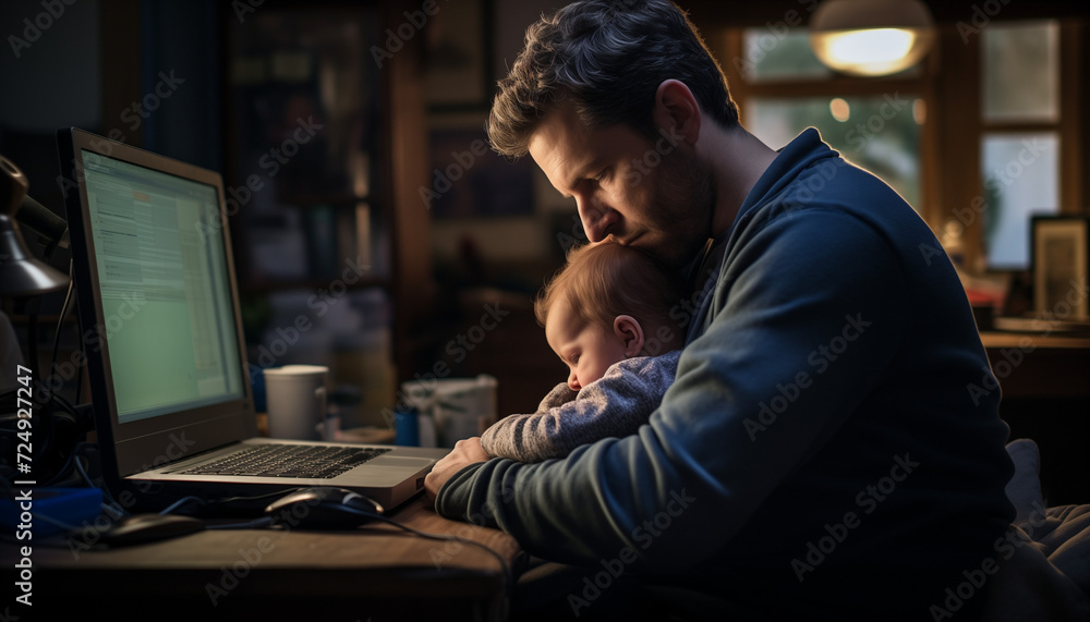 A father working on a laptop with a baby in his lap A father working on a laptop with a baby in his lap
