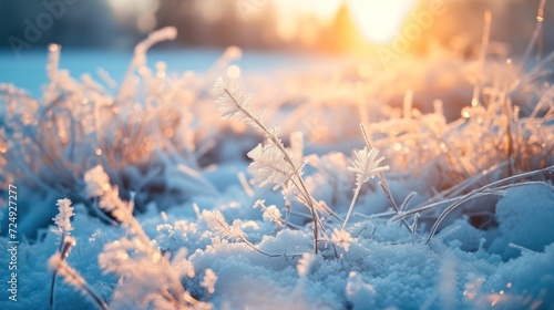 Frozen plants outdoors during winter white snow scenery. AI generated image