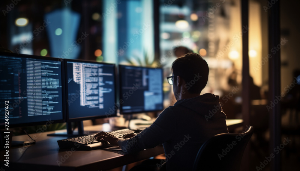 A man writing code or hacking in front of illuminated computer screens in a dark room A man writing code or hacking in front of illuminated computer screens in a dark room