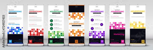 vertical geometric Roll up banner for show display mock up, presentation, events, exhibition, trade, advertising designs in blue, red, green, orange, purple, pink and yellow

