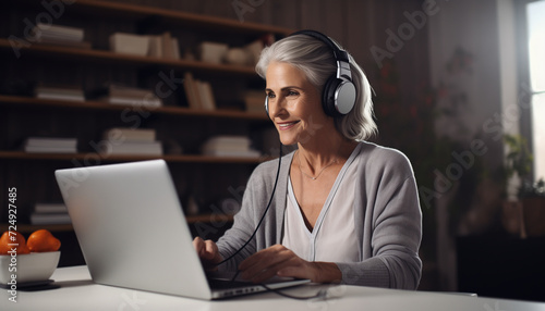 A woman in her 60s wearing a headset is working on a laptop photo