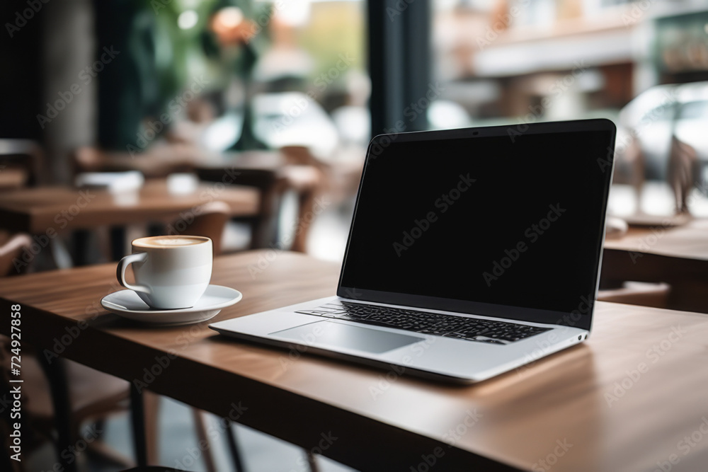 laptop and coffee on a table in a cafe, AI generated laptop and coffee on a table in a cafe, AI generated