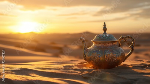 Tea pot over the sand of desert at sunset scenery with empty space. AI generated image