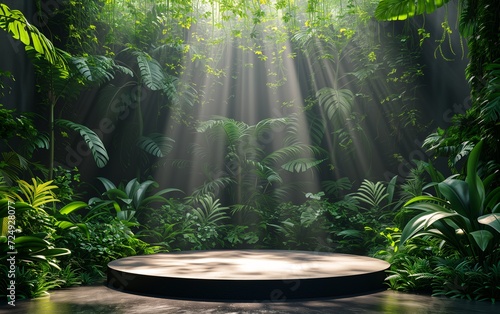 Podium display for product presentation with tropical jungle and incredible sunlight